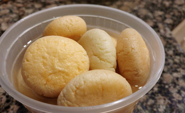 Pictured is ragulla, (an indian dish).