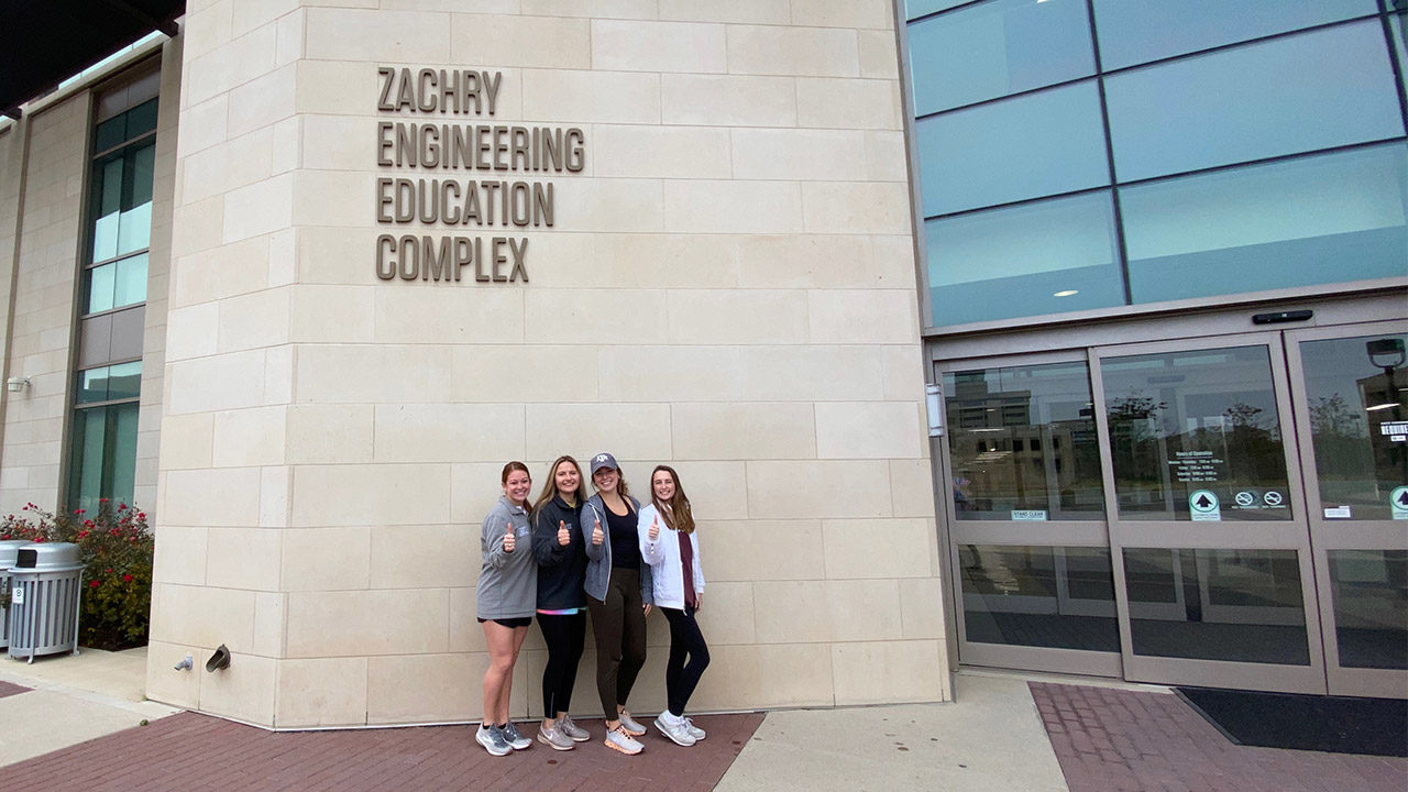 Haley Edwards and friends outside Zachry Engineering Education Complex