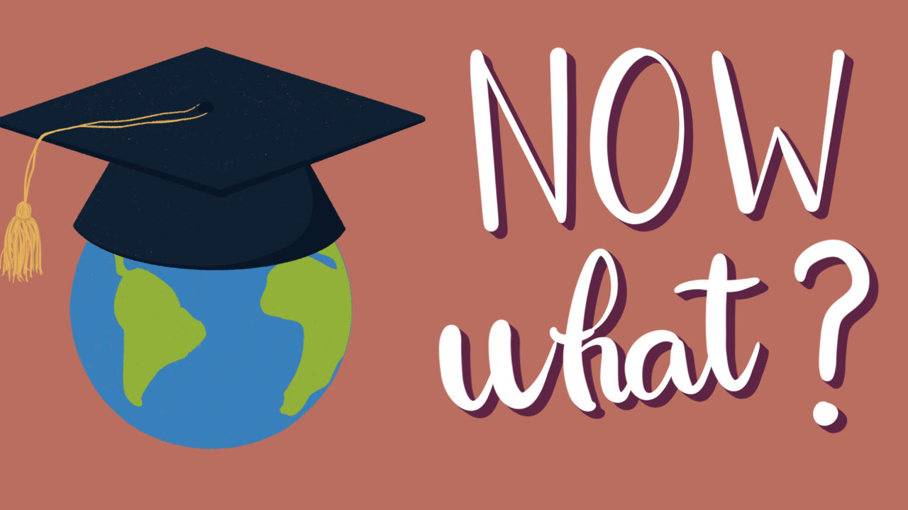 illustration of world globe topped by mortar board and tassel with "Now What?" written beside it