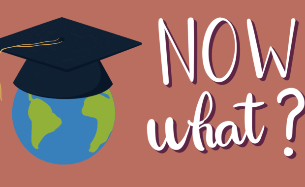 illustration of world globe topped by mortar board and tassel with "Now What?" written beside it