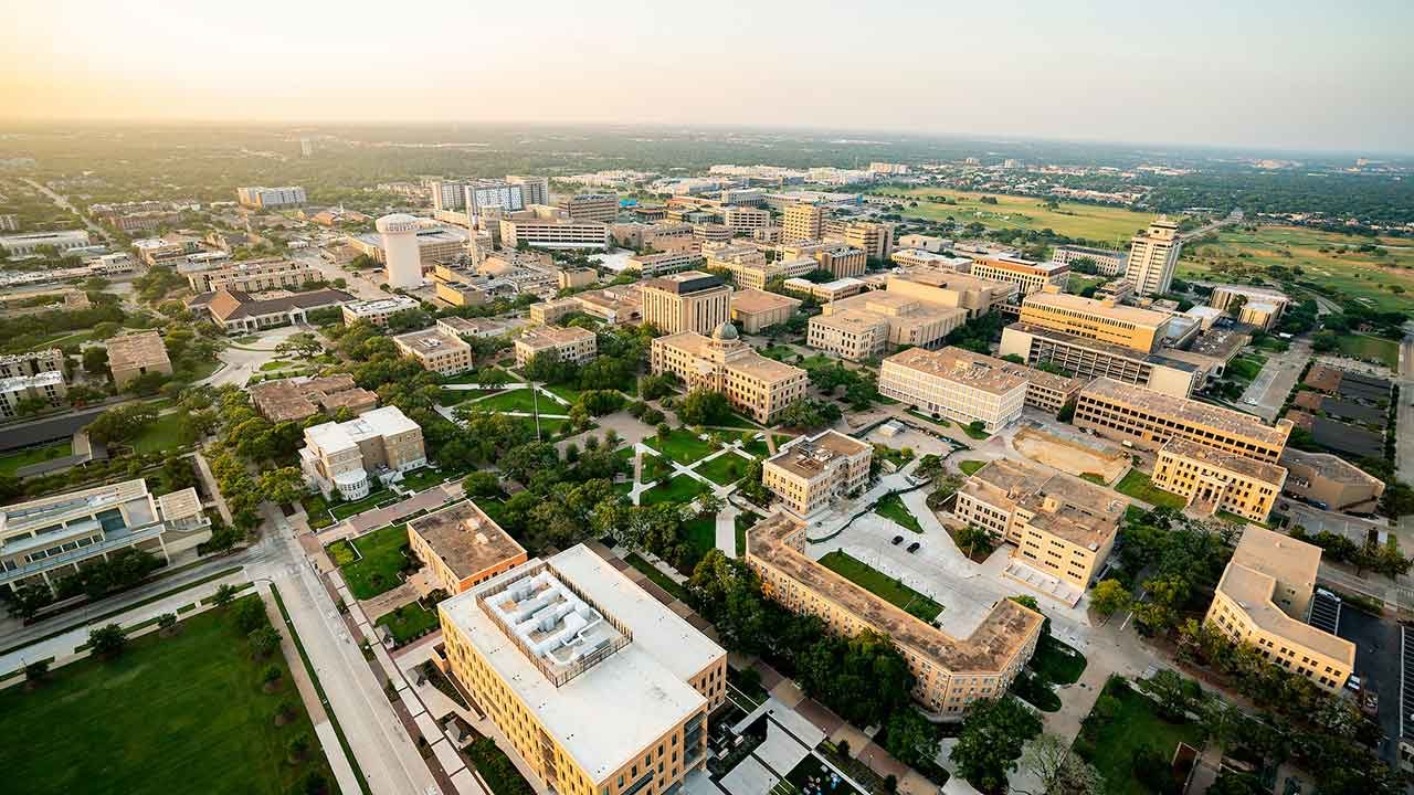 aerial view of Texas A&M University campus in College Station, Texas