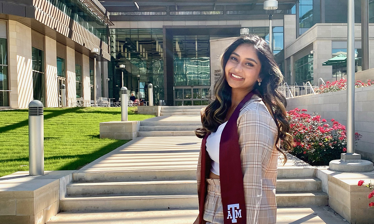 young woman standing outside Zachry Engineering Education Complex at Texas A&M University