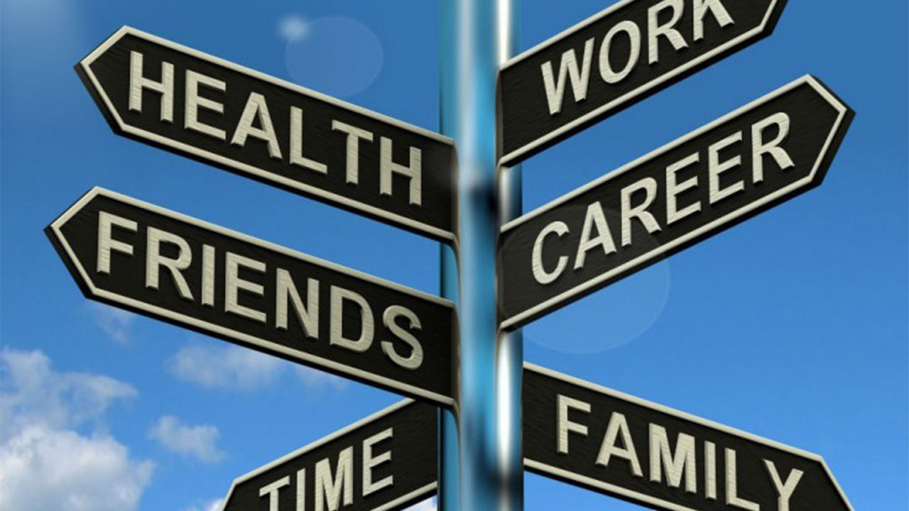 Directional signage with arrows that say health, friends, time, work, career, and family