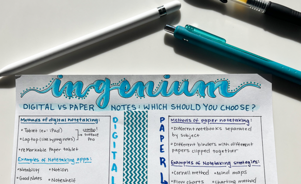 Pens and notes that say "Ingenium" and "Digital vs Paper Notes: Which would you choose?"