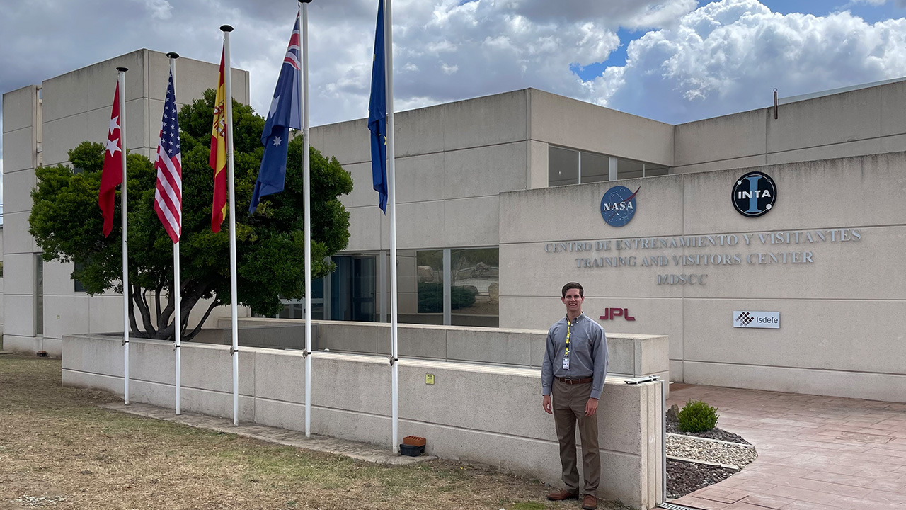 Austin Kees in front of the NASA Visitors Center in Madrid, Spain