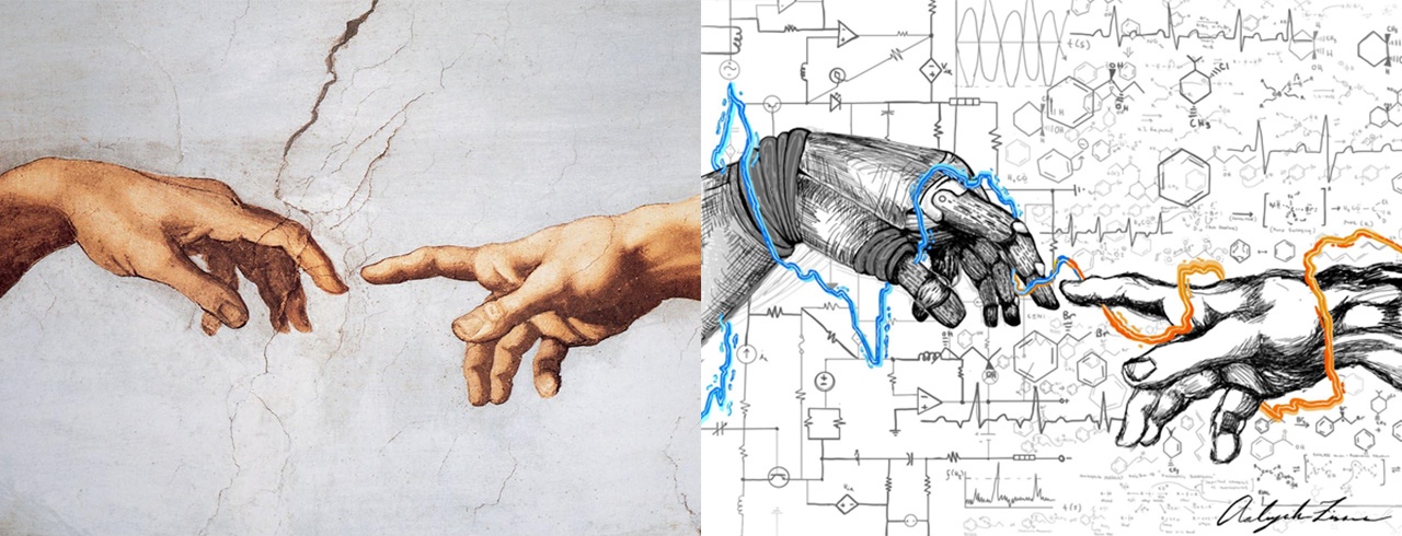 Side by side of hands from The Creation of Adam by Michelangelo and The Creation of Atom by Aaliyah Fisher