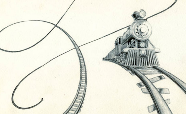 An abstract pencil drawing of a locomotive on a set of winding tracks flying across the image.