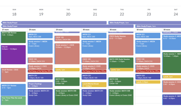 A screenshot of a color-blocked calendar demonstrating time for class, office hours, lunch and study sessions.