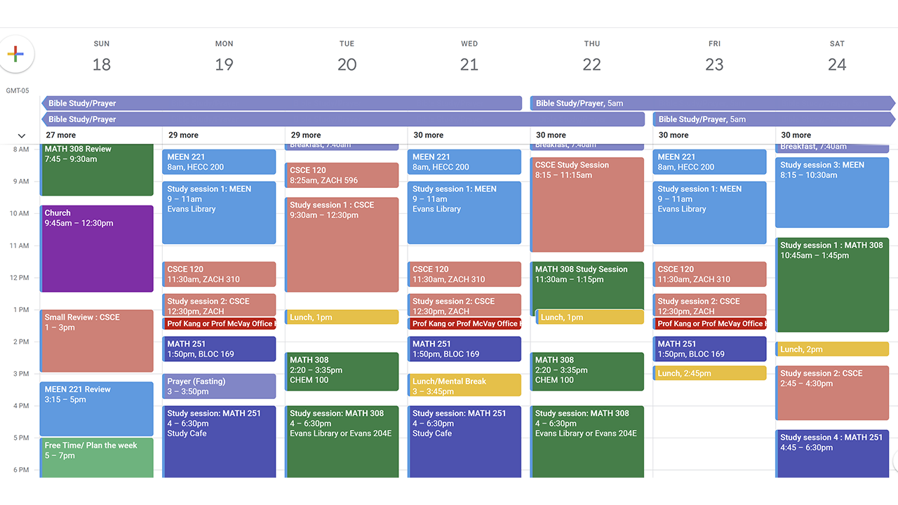 A screenshot of a color-blocked calendar demonstrating time for class, office hours, lunch and study sessions.